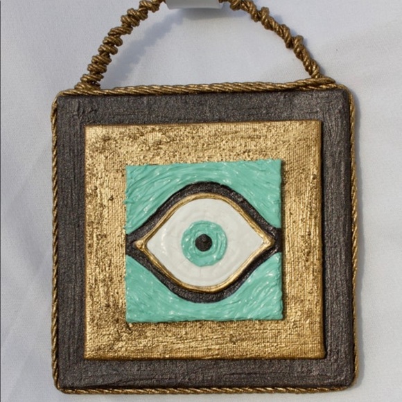 Evil Eye Painting Teal BlueShimmering Black Metallic Bronze Canvas Gold Rope - Picture 5 of 8